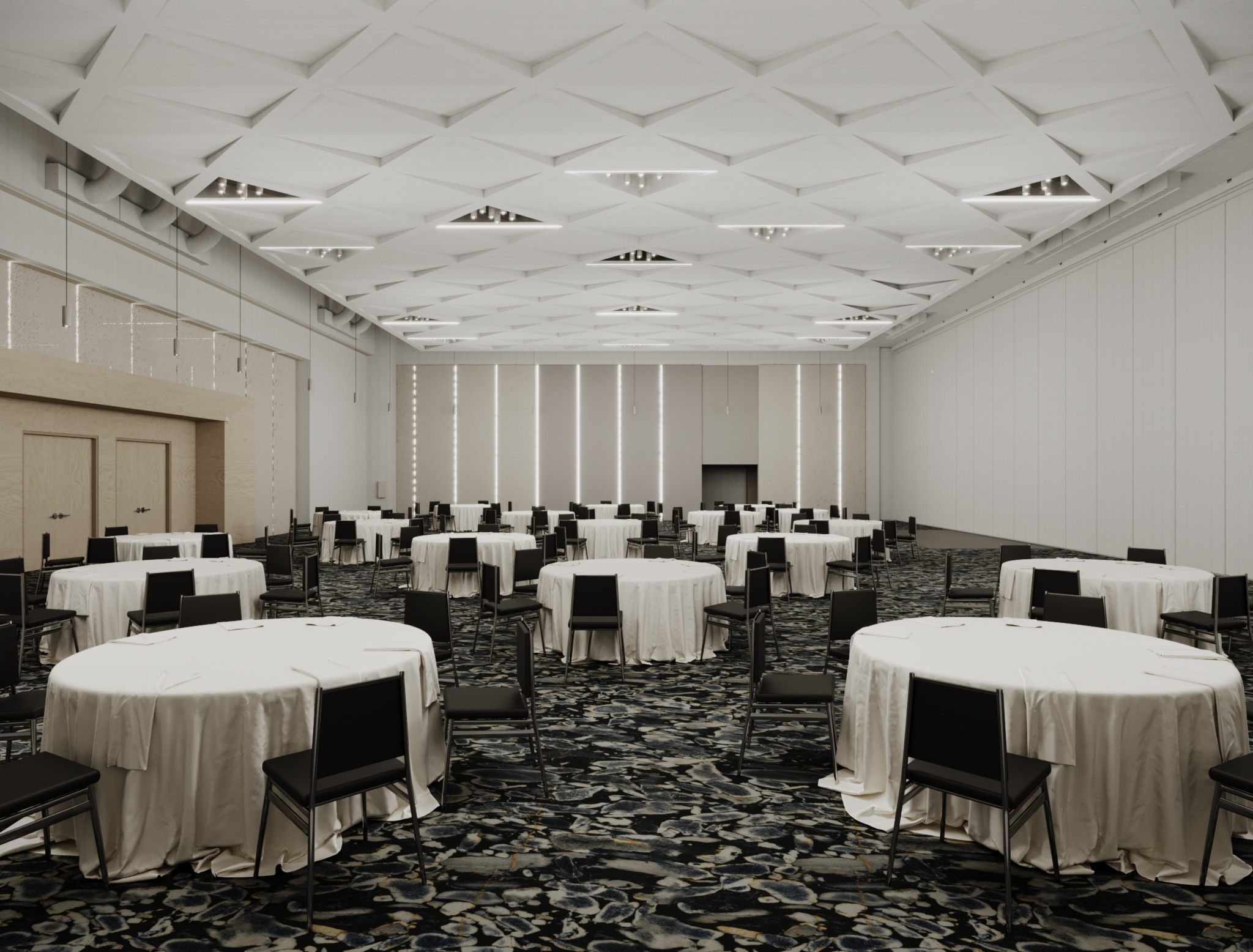A rendered image of a large ballroom is filled with round cloth-covered round tables and chairs, depicting the incredible renovations made to the Bradenton Area Convention Center in Florida's Gulf Coast.
