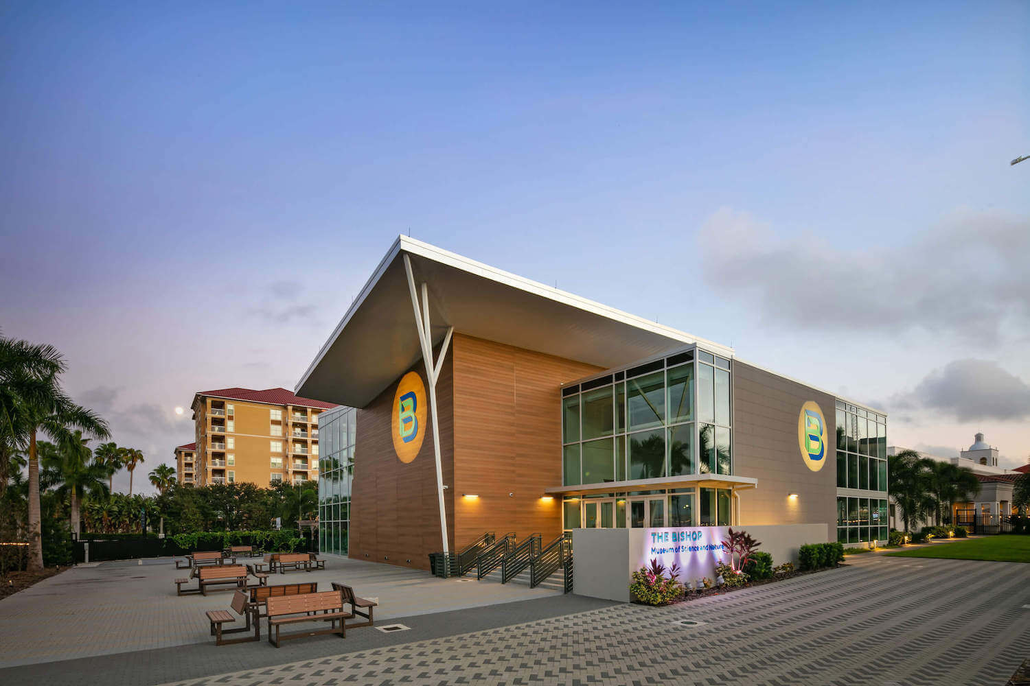 exterior of The Bishop Museum of Science + Nature at dusk