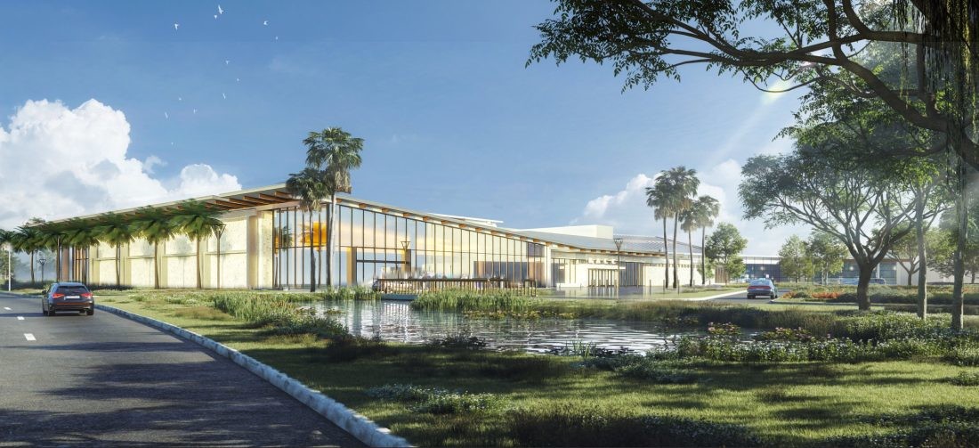 A rendering of the renovated Bradenton Area Convention Center showcases the exterior of the premier event space, capable of hosting small-to-mid sized conventions.