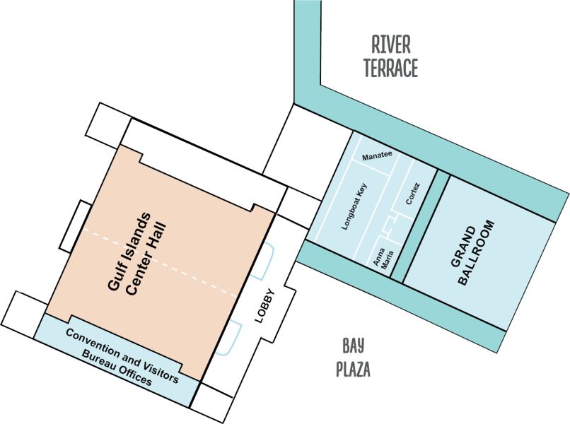 An overhead diagram depicts the floorplan for the Bradenton Area Convention Center and Gulf Island Center Hall, connected to the Marriott Palmetto Resort & Spa by a climate-controlled corridor.