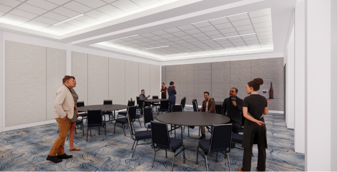 A rendered image of a meeting room is filled with round black tables and chairs with a few people chatting amongst them, depicting the incredible renovations made to the Bradenton Area Convention Center in Florida's Gulf Coast.