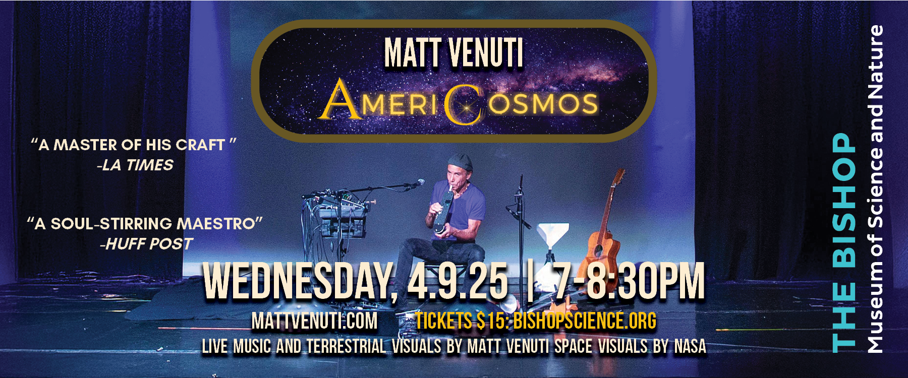 AmeriCosmos event poster with dates and picture of artist playing instruments.
