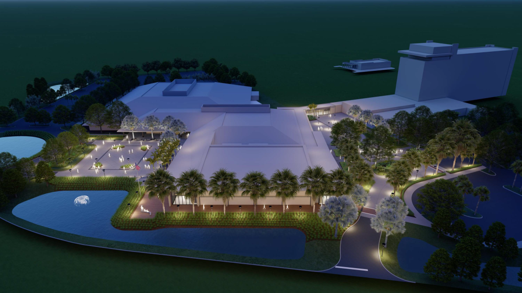 A rendered aerial image of the newly renovated Bradenton Area Convention Center in Florida's Gulf Coast showcases the reimagined exterior, convenient access to the new Marriott Palmetto Resort and Spa, and lush landscapes that surround the venue.