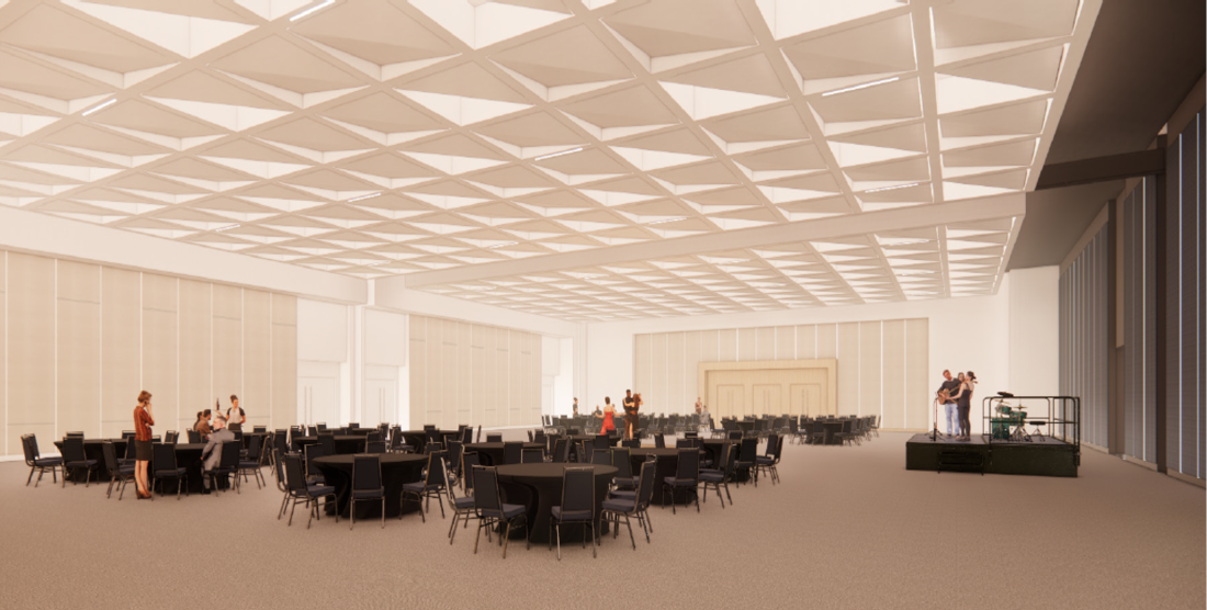 A rendered image of a large ballroom is filled with round black tables and chairs with a few people walking amongst them while a band plays on a stage setup on the right side of the room, depicting the incredible renovations made to the Bradenton Area Convention Center in Florida's Gulf Coast.