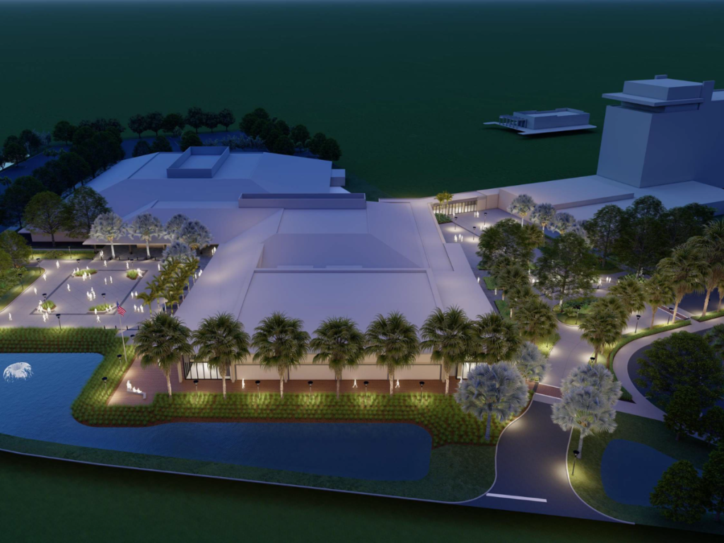 A rendered aerial image of the newly renovated Bradenton Area Convention Center in Florida's Gulf Coast showcases the reimagined exterior, convenient access to the new Marriott Palmetto Resort and Spa, and lush landscapes that surround the venue.